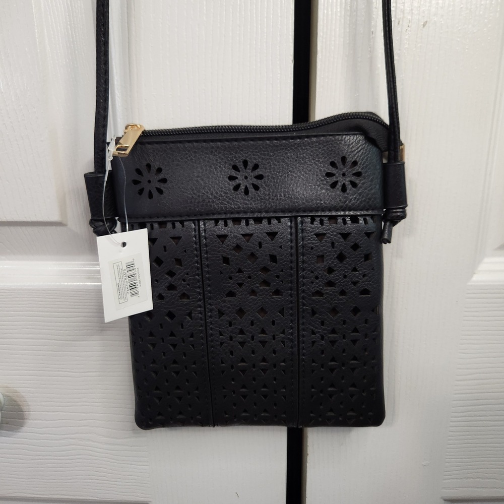 Black Laser Cut Faux Leather Crossbody Bag Small Floral Geometric Purse Boho